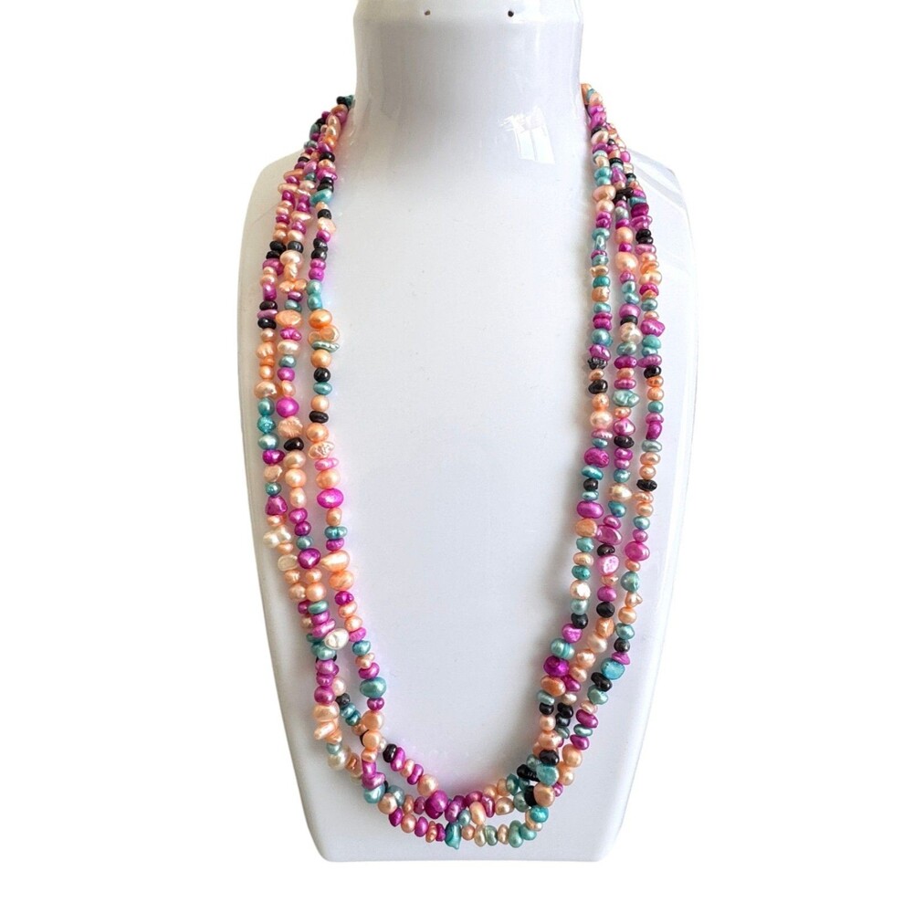 Natural Bright Fresh Water Pearl Three Strand Necklace #7097 - Picture 4 of 6